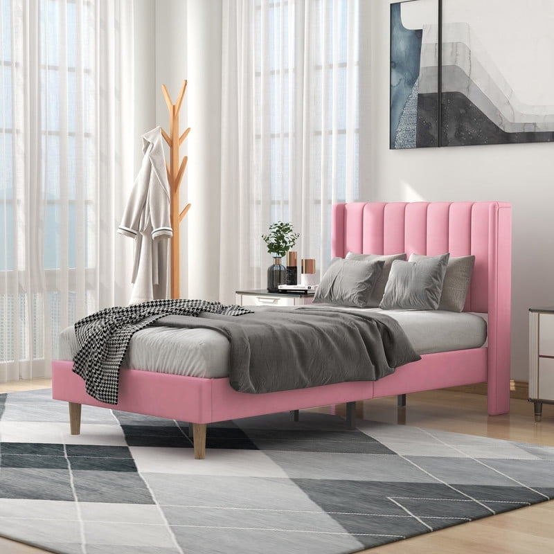 alazyhome Twin Size Upholstered Platform Bed Frame, Easy Assemble, Pink