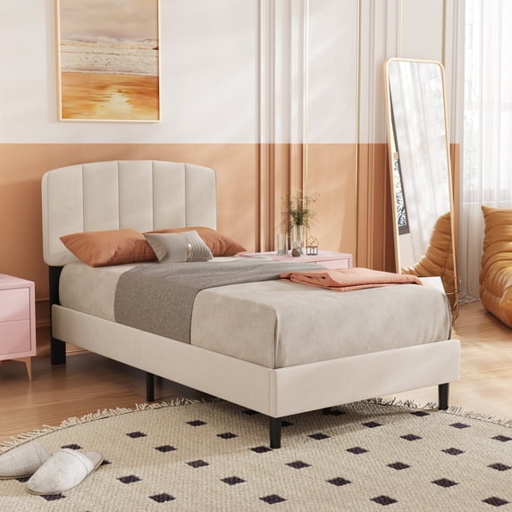 alazyhome Twin Size Upholstered Platform Bed Frame with Bedside Cupboard, Beige