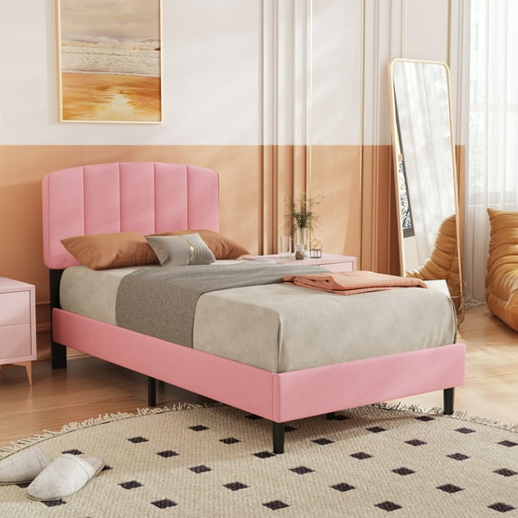 alazyhome Twin Size Upholstered Platform Bed Frame with Bedside Cupboard, Pink