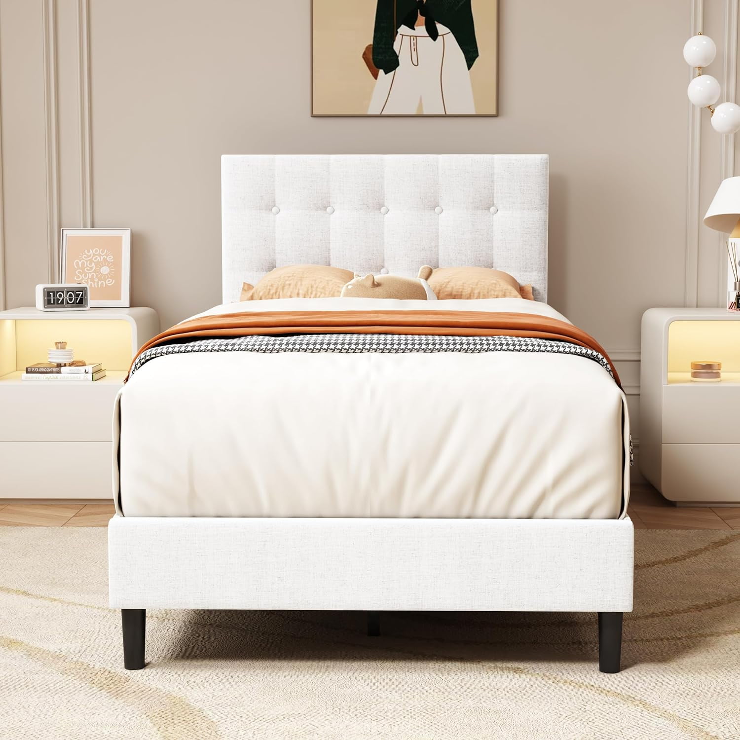 Upholstered button tufted platform bed outlet