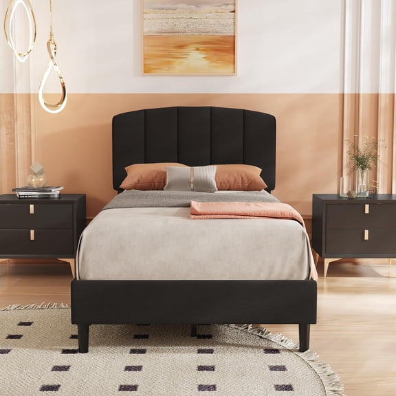 alazyhome Twin Size Upholstered Platform Bed Frame with Linen Headboard, Black