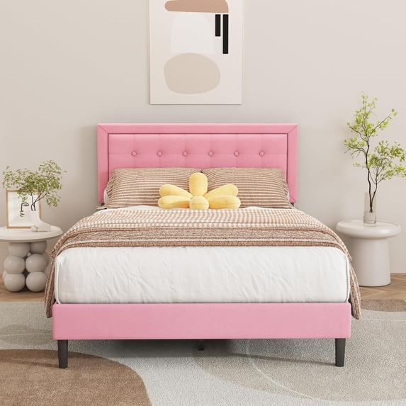 Alazyhome Full Size Modern Velvet Platform Bed with Storage Box, Pink