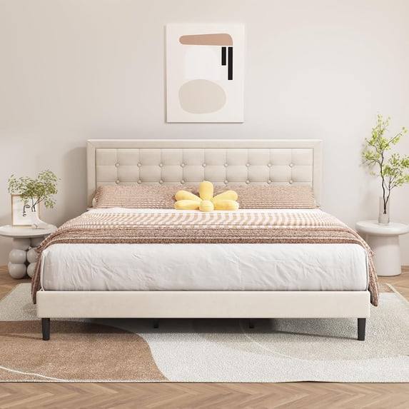 alazyhome Velvet Upholstered Platform Bed Frame King Size with Button Tufting Headboard , Easy Assembly, Beige
