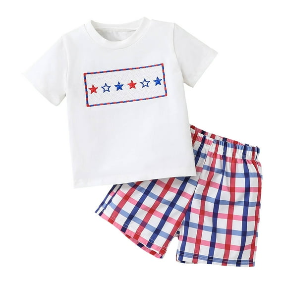 alcepopk 4th of July Baby Boy Outfit American Flag Embroidery Short Sleeve T-Shirt and Shorts Set Toddler Boy Summer Clothes(White,12-18 Months)