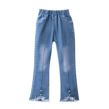 alcepopk Baby Little Girl Jeans,Simple Design Wide Leg Flared Hem Denim Pants(Blue,2-3 Y)