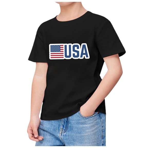 alcepopk Boys 4th of July Shirts American Flag T-Shirts Kids Patriotic Independence Day Memorial Day Tops Tees(Black,6-7 Years)