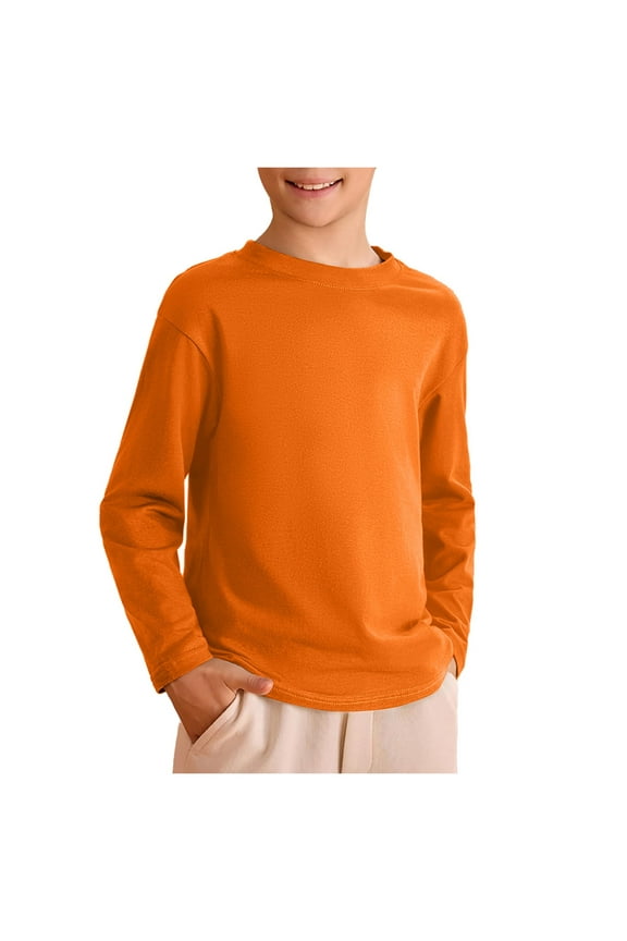 Boy's Long Sleeve Shirts Kids Soft Crewneck Tee T-Shirt Basic Long Sleeve Top(Orange,5-6 Y)