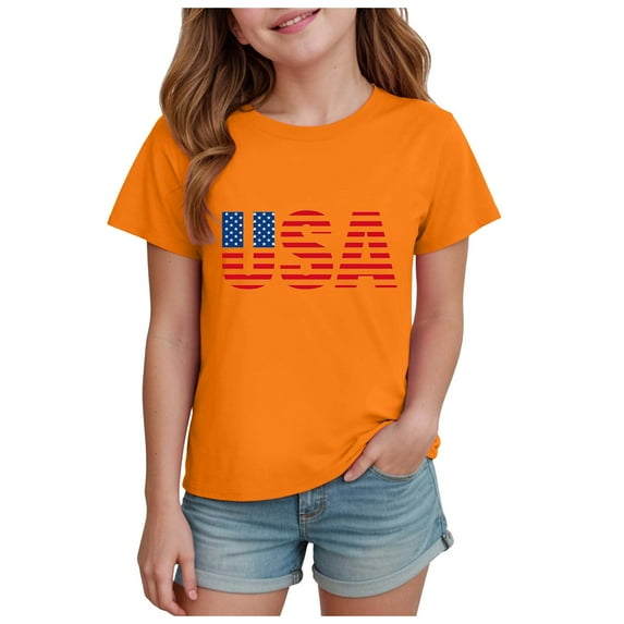 alcepopk Kids Boys 4th of July Shirts Toddler American Flag T-Shirt Girls Patriotic Short Sleeve Tees Cotton Top Clothes(Orange,2-3 Years)