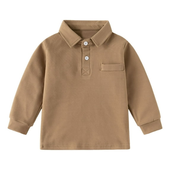 alcepopk Polo School Uniform Shirt with Long Sleeves for Boys and Girls(Khaki,2-3 Y)