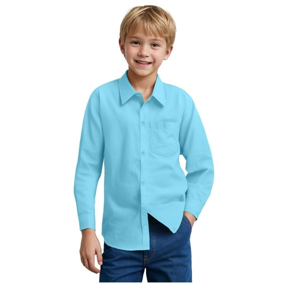 alcepopk Toddler Little Boy Long Sleeve Cotton Button Up Shirt for Casual, Formal Event and Special Occasions(Sky Blue,7-8 Y)