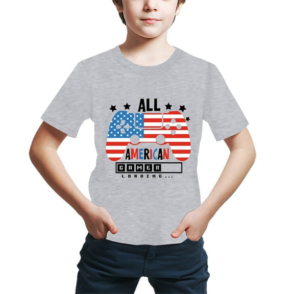 alcepopk Unisex 4th of July Shirts- Patriotic USA Dinosaur American Flag Print - Toddler Kids Gift - Independence Day Graphic Tee - Fourth of July Celebrations(Grey,5-6 Years)
