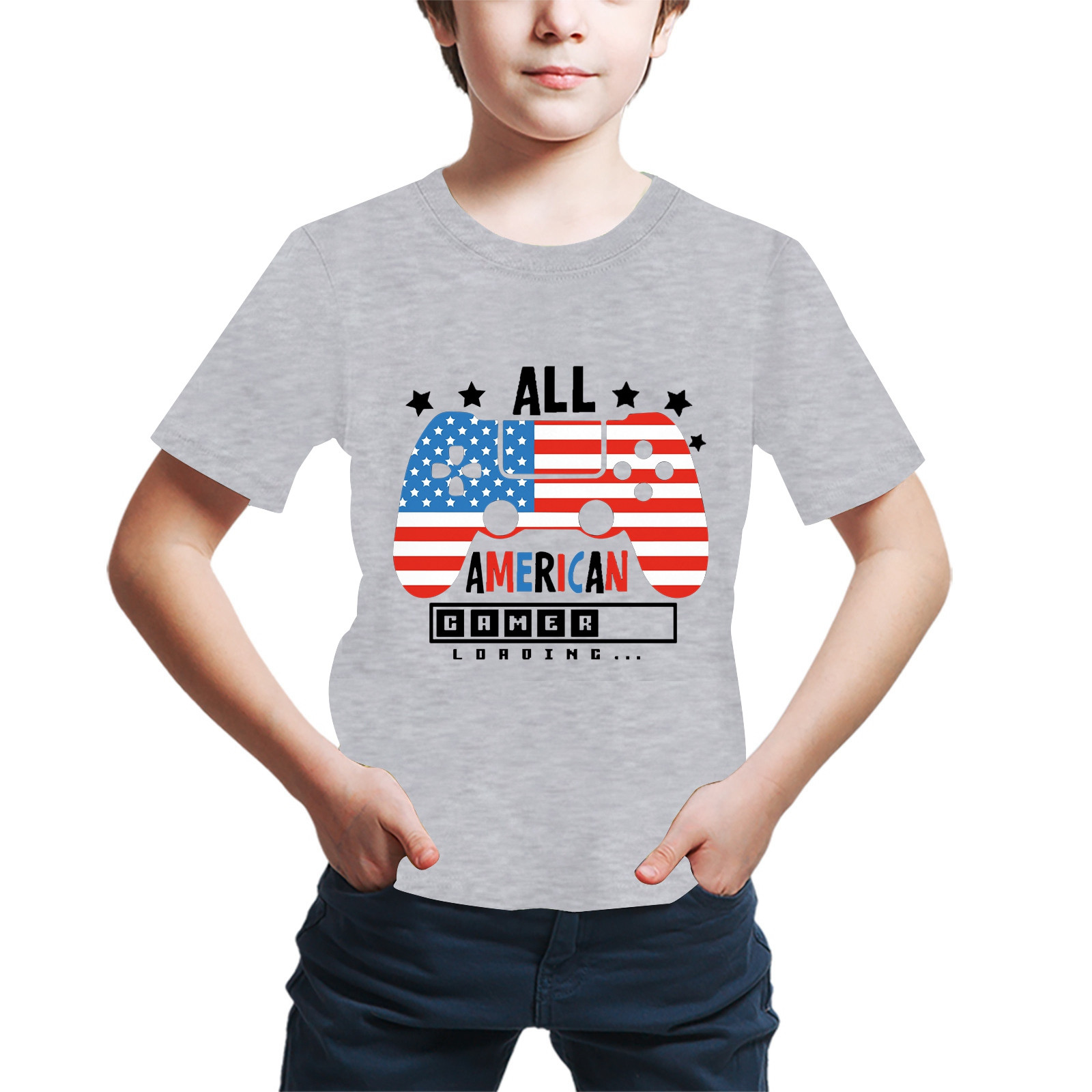 alcepopk Unisex 4th of July Shirts- Patriotic USA Dinosaur American Flag Print - Toddler Kids Gift - Independence Day Graphic Tee - Fourth of July Celebrations(Grey,5-6 Years)
