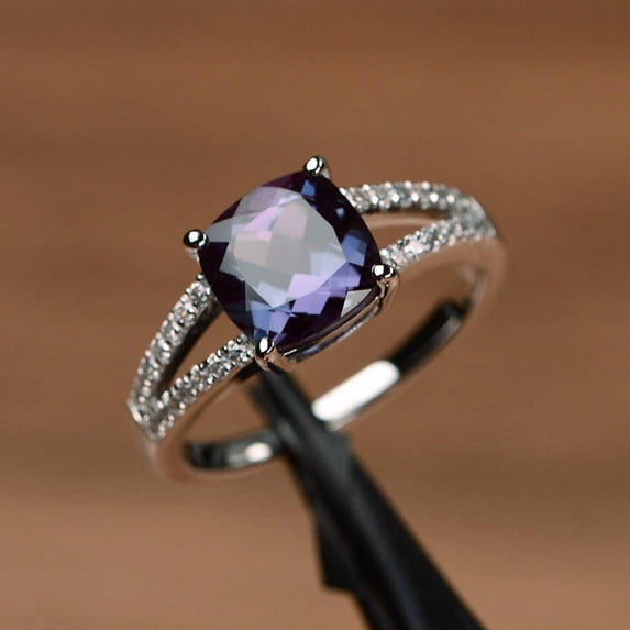 alexandrite ring cushion cut engagement ring sterling silver split shank ring color changing