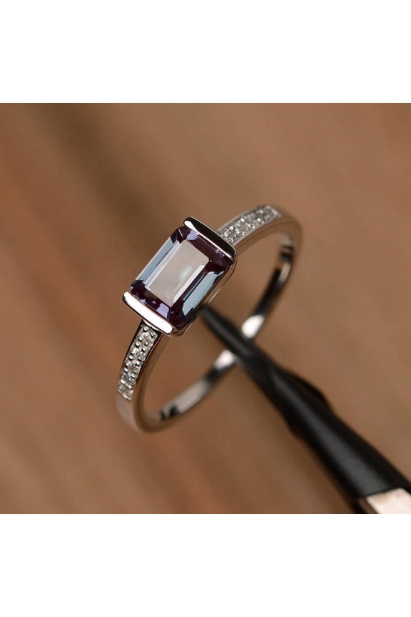 alexandrite ring promise ring emerald cut 14K Solid White Gold ring color changing gemstone ring June birthstone ring