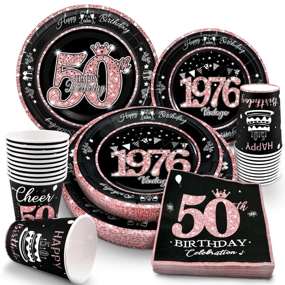algpty 50th Birthday Decorations Rose Gold, Service for 30, Vintage 50th Birthday Party Supplies Includes Rose Gold 1976 Plates, Napkins,Cups, Plates and Napkins for Women Y114