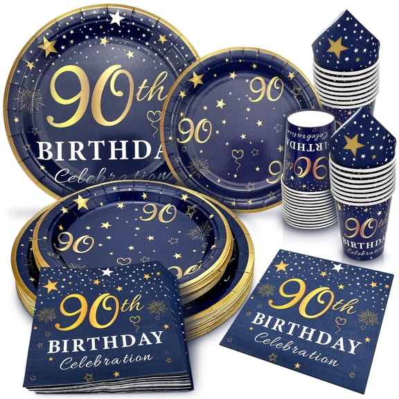 algpty 90th Birthday Decorations Plates and Napkins Blue and Gold, Service for 30, 90th Birthday Party Bundle Supplies Includes Navy Blue Plates, Napkins, Cups for Men Women Y114