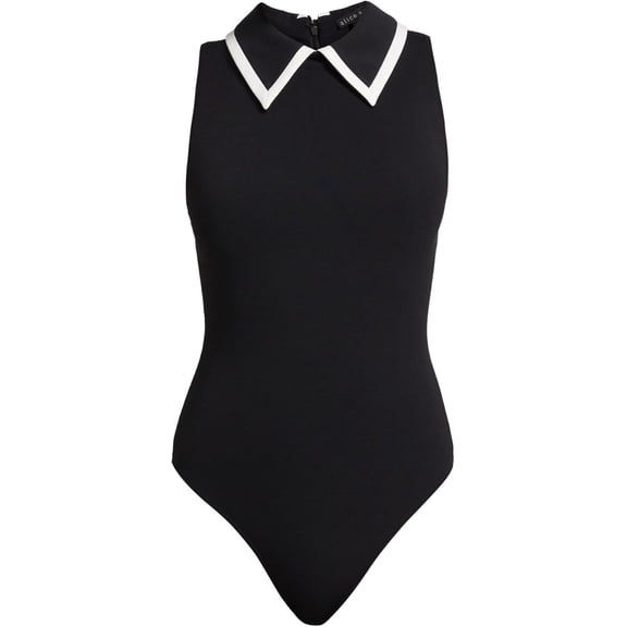 alice + olivia Rothy Sleeveless Collared Bodysuit, Black/Off-White, L