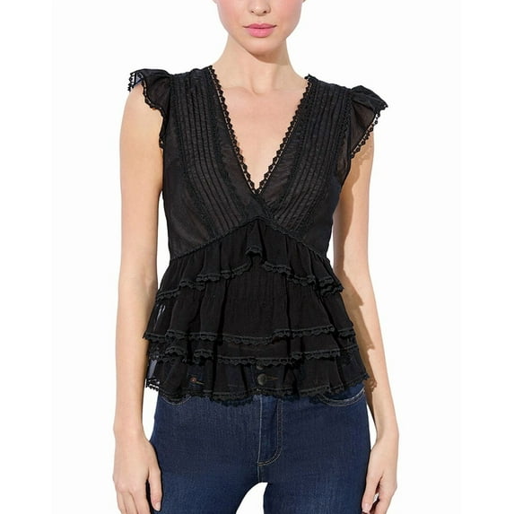 alice + olivia womens Blanche V Neck Ruffle Silk-Blend Swing Top, l, Black