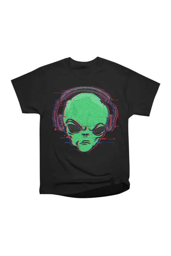 alien DJ head glitch effect T-Shirt Tee Gift For Him Merch For Her Apparel For Friend