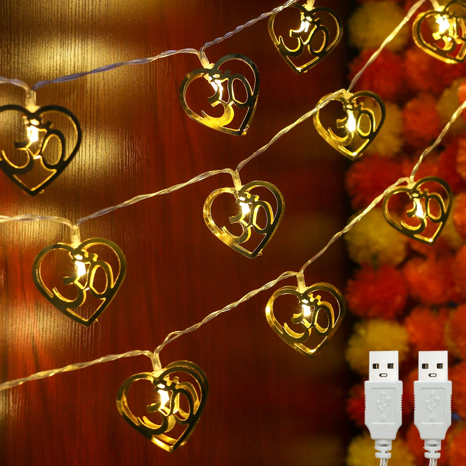 alikiki 2 Strings Gold Metal OM Diwali String Lights Diwali Gifts USB Powerd LED Diya Light Hindu Home Temple Mandir Altar Shrine Pooja Decor Indian Pooja Wedding Housewarming Festival Puja Items