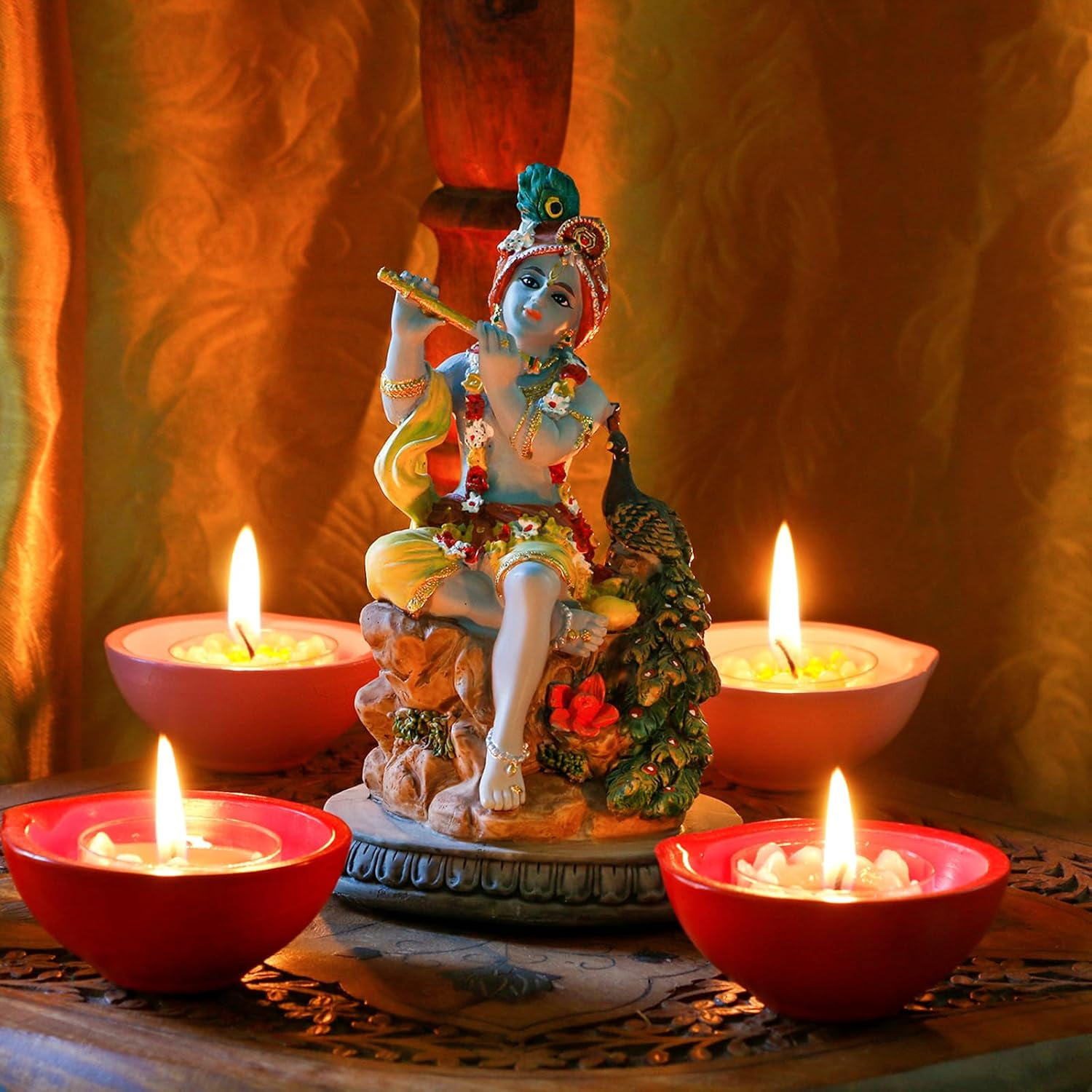 alikiki Hindu God Krishna Statue - 5.5H India Lord Krishna Idol Play The Flute w/Peacock Murti Item Home Office Temple Mandir Shrine Altar Pooja Decor Diwali Puja Decor Gifts for Indian Friend