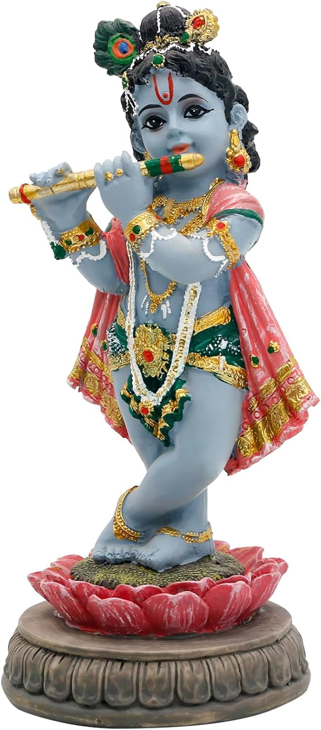 alikiki Hindu Krishna Idol Statue - 5.7H Indian God Lord Krishna on Lotus Playing Flute India Murti Item Home Office Temple Mandir Shrine Altar Pooja Decor Diwali Puja Gifts for Indian Friends