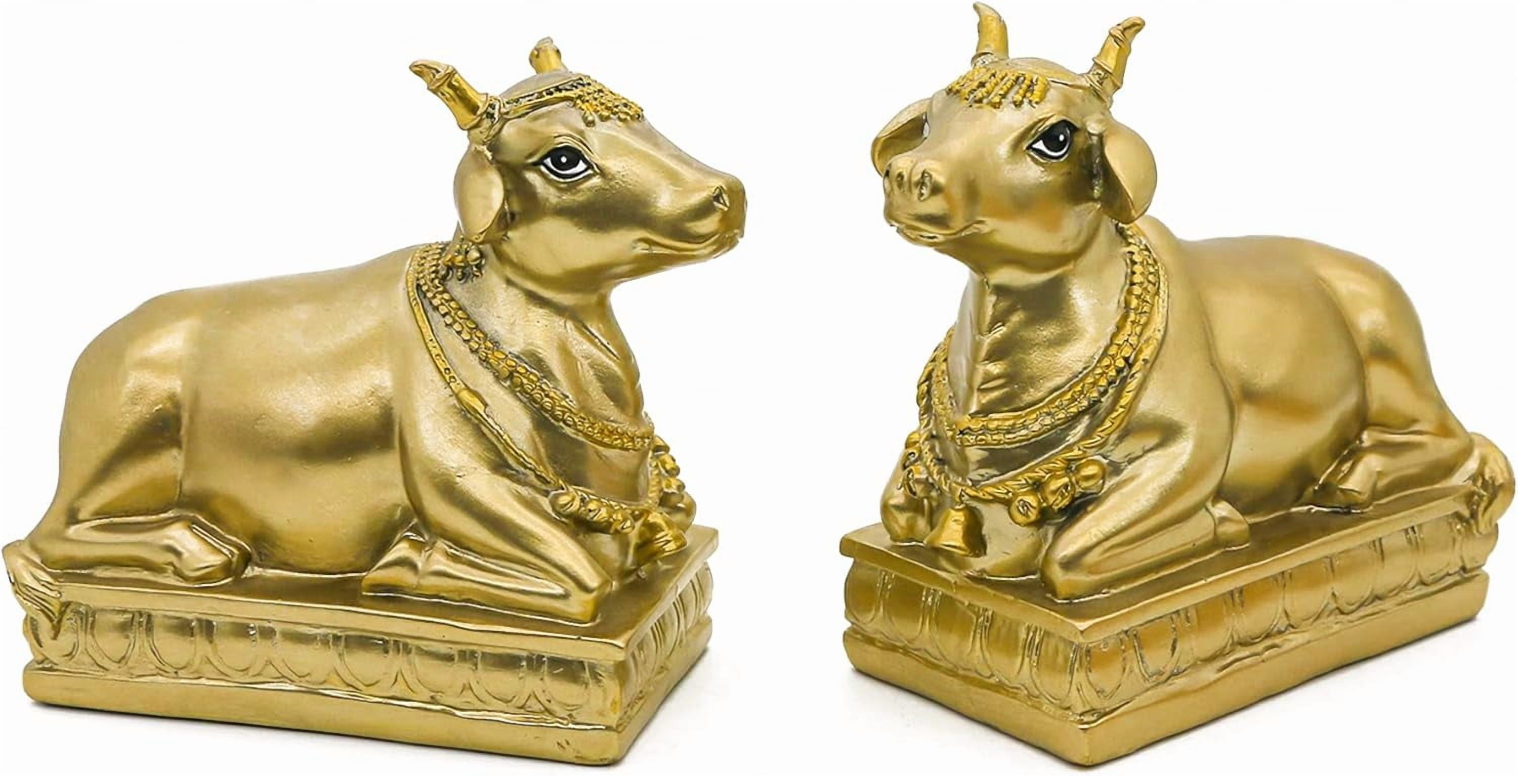 alikiki Hindu Nandi Holy Cow Statues - 2PCS Gold Nandi Cow Sitting Position Statue for House Temples Puja Home Decor Diwali Gift