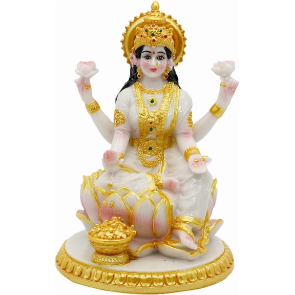 alikiki Indian Goddess Meditation Lakshmi Figurine - 5.7H Marble Look Murti Laxmi Idol Statue for Home Office Temple Mandir Pooja Item Puja Decor Diwali Gifts Indian Spiritual Decor Gift