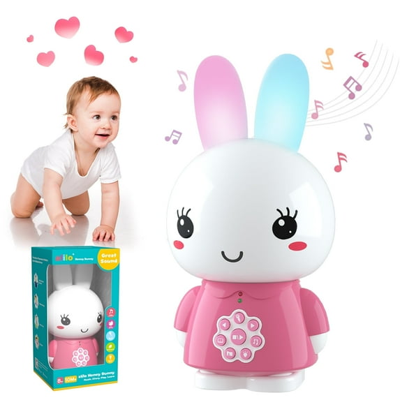 alilo Bunny Baby Audio Player - Toy w/ Chewable Teether Ears, Colorful Lights - Educational Sounds, Stories, Music, White Noise for 10+ Months Kids - Baby Gift for Learning - Pink