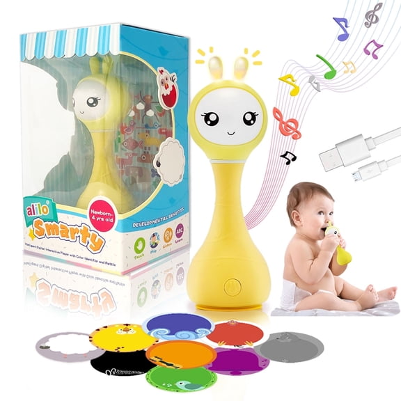 alilo Bunny Baby Rattle Toys - Teether Light-Up Rattles w/ Music Stories Lullabies All-in-one - Encourage Developmental Milestones 0-24 Months for Babies Infants Newborns (Smarty Bunny, Yellow)