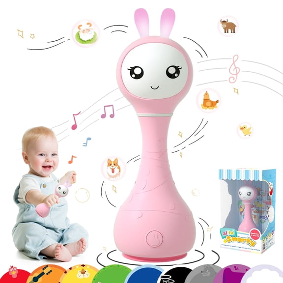 alilo Smarty Baby Audio Player - Toy w/ Chewable Teether Ears, Colorful Lights - Educational Sounds, Stories, Music, White Noise for 0-24 Months Kids - Baby Gift for Learning - Pink
