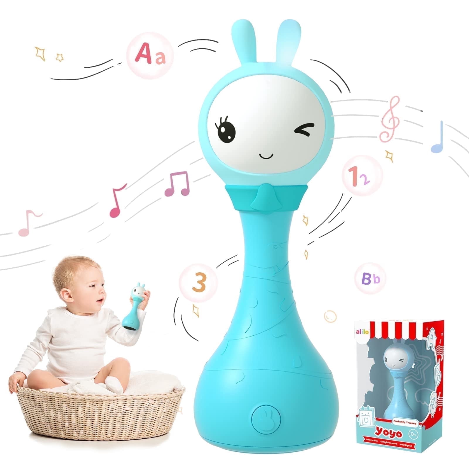 alilo Yoyo Talking Bunny Baby Musical Rattle - Repeats What You Say, Preloaded 90+ Content, ABC/Number/Notes Learning, Toys for Babies Newborns