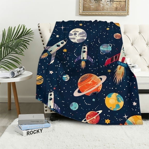 alk Outer Space Blanket for Boys, Soft Space Astronaut Theme Flannel Blanket for Nursery Baby Crib, Cozy Warm Navy Blue Rocket Galaxy Planet Fuzzy Throw Blanket Gift 40x50in
