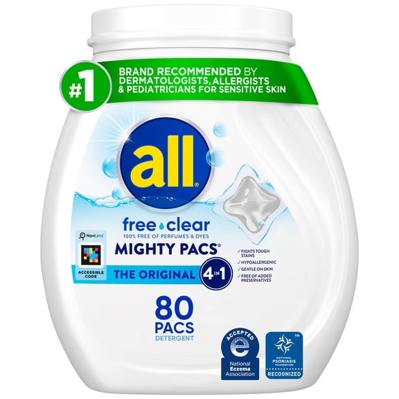 all Free Clear Mighty Pacs Laundry Detergent, for Sensitive Skin, Unscented and Dye Free, 80 Count