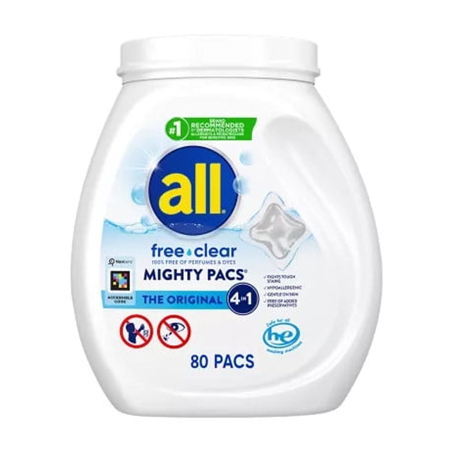 all Unit Dose Laundry Detergent, Mighty Pacs, Free Clear, 80 Count
