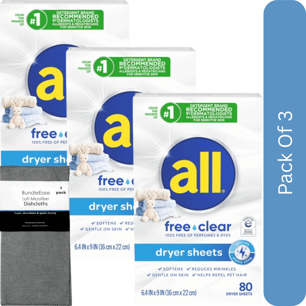 all Fabric Softener Dryer Sheets Free Clear, Hypoallergenic for Sensitive Skin, 80 Sheets with Microfiber Solid Color Towel by BundleEase