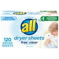 thumbnail image 1 of all Fabric Softener Dryer Sheets Free Clear for Sensitive Skin, 120 Count, 1 of 7