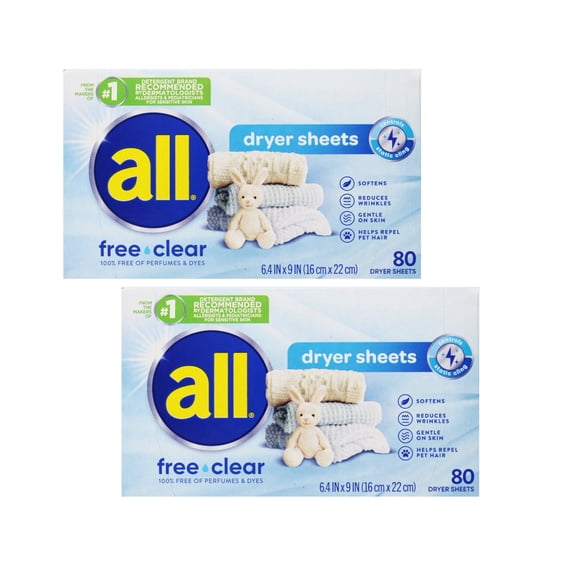 All Free Clear Dryer Sheets Hypoallergenic Fabric Softener Sheets 195 Count 6.4 in x 9 in (Pack of 2)