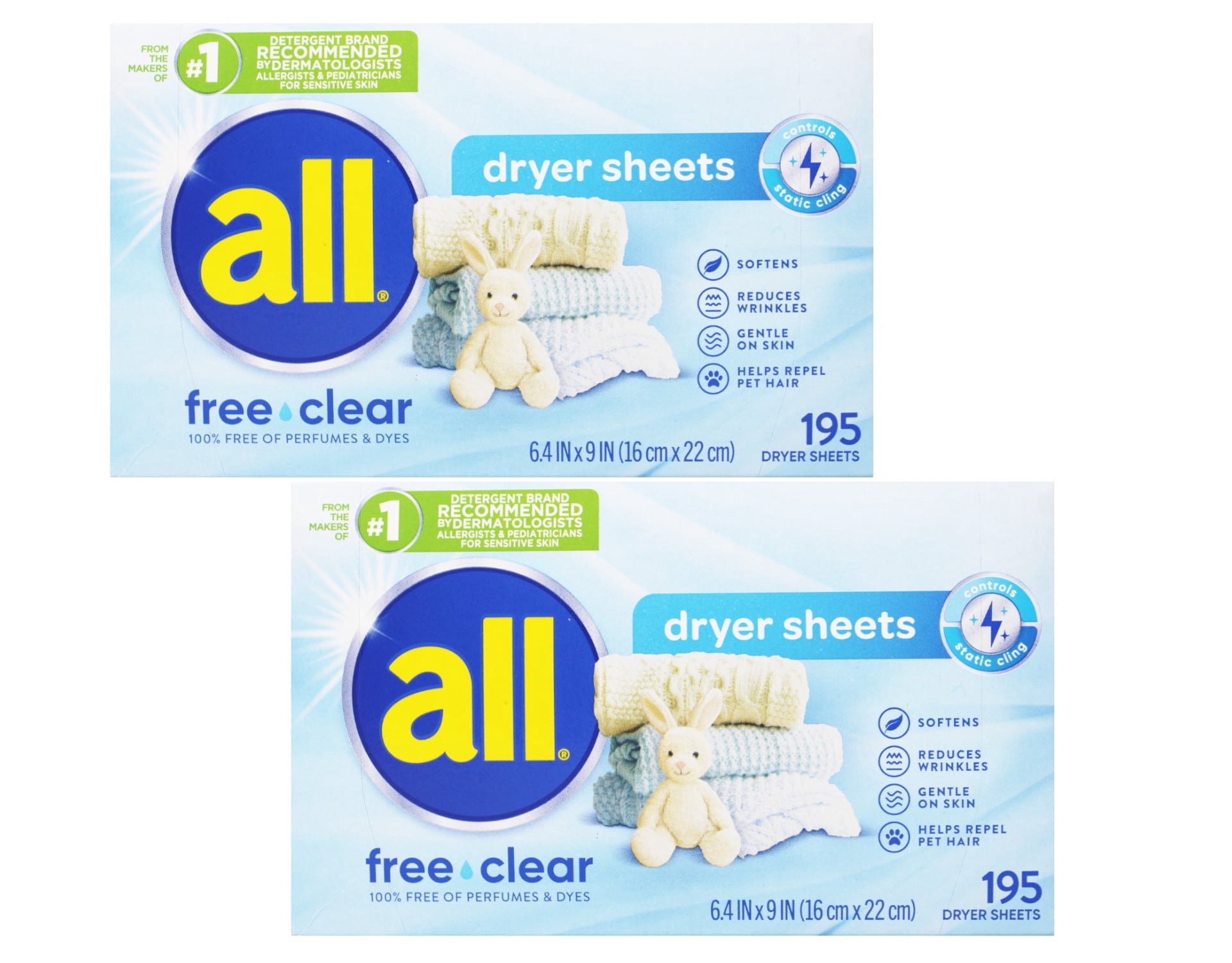 All Free Clear Dryer Sheets Hypoallergenic Fabric Softener Sheets 195 Count 6.4 in x 9 in (Pack of 2)