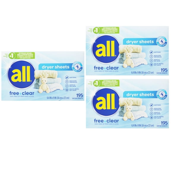 all Fabric Softener Dryer Sheets for Sensitive Skin, Free Clear, 195 Count - 3 Pack