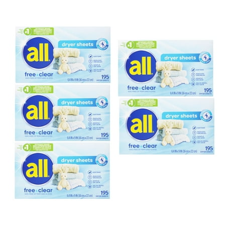 all Fabric Softener Dryer Sheets for Sensitive Skin, Free Clear, 195 Count - 5 Pack
