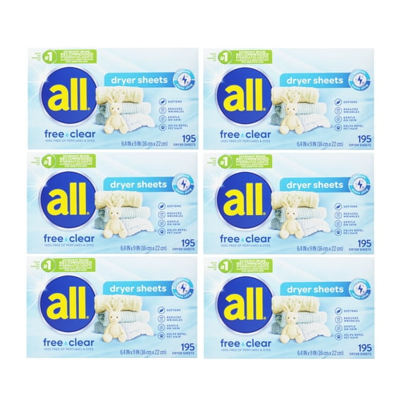 all Fabric Softener Dryer Sheets for Sensitive Skin, Free Clear, 195 Count - 6 Pack