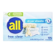 ALL Dryer Sheets , Free of Perfumes & Dyes, 195 Count