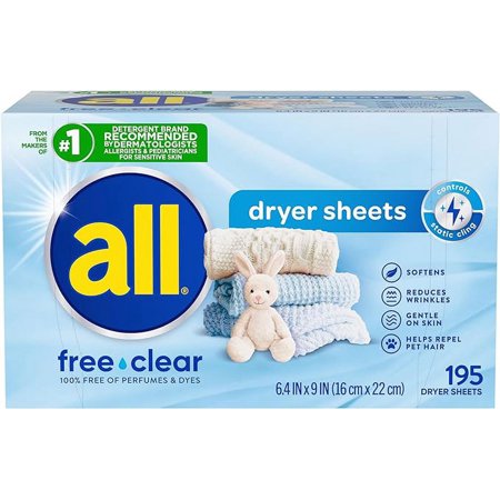all Fabric Softener Dryer Sheets for Sensitive Skin, Free Clear, 195 Count