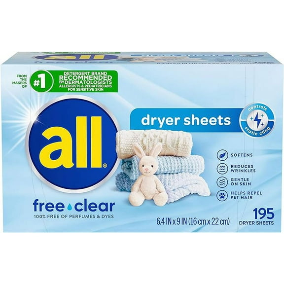 all Fabric Softener Dryer Sheets for Sensitive Skin, Free Clear, 195 Count
