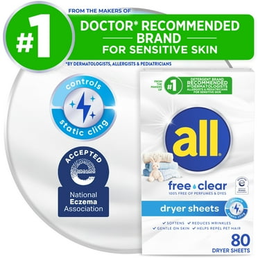all Fabric Softener Dryer Sheets for Sensitive Skin, Free Clear, 80 Count