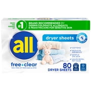 all Fabric Softener Dryer Sheets for Sensitive Skin, Free Clear, 80 Count