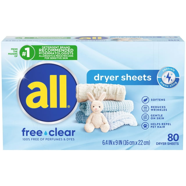 all Fabric Softener Dryer Sheets for Sensitive Skin, Free Clear, 80