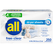 all Free Clear Dryer Sheets, 250 Count, Unscented, Hypoallergenic, Fabric Softener Sheets for Sensitive Skin