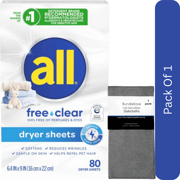 all Free Clear Fabric Softener Dryer Sheets for Sensitive Skin, 80 Count with Microfiber Solid Color Towel by BundleEase